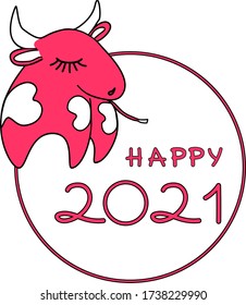 Happy 2021 new year with symbol ox or cow. Cute happy 2021 illustration for greeting cards, magnets, prints on t-shirts and calendars. Isolated on white vector design element