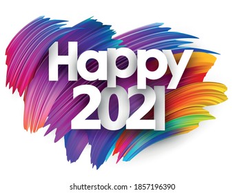 Happy 2021 white sign on colorful gradient brush strokes background. Vector holiday illustration.