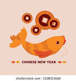 Happy 2022 Chinese New Year golden fishes, gold coin. Vector colorful illustration.