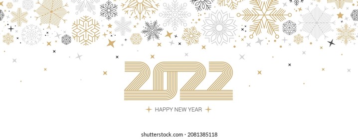 Happy 2022 greeting card with a gold and silver snowflake texture