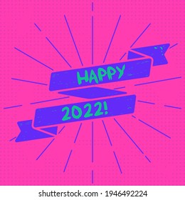 Happy 2022 greeting red ribbon with lines on background. New year celebration grunge vector illustration