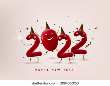 Happy 2022 New Year 3d render realistic vector lettering illustration with funny numbers characters