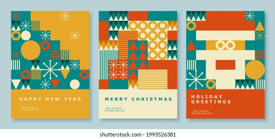 Happy 2022 New Year abstract geometric card design. Modern flat minimalist style. Merry Christmas invitation, poster, greeting card. Gift boxes, Christmas tree, Santa Claus.