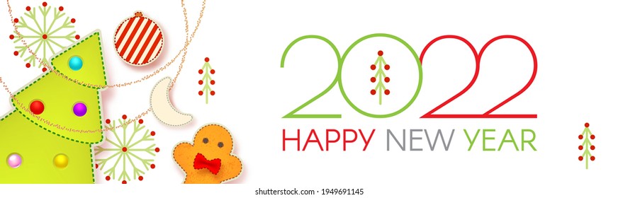 Happy 2022 New Year! Christmas cute design template with Santa Claus, fir tree, clock, gingerbread man, garland and toys
