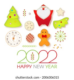 Happy 2022 New Year! Christmas cute design template with Santa Claus, fir tree, clock, gingerbread man, garland and toys