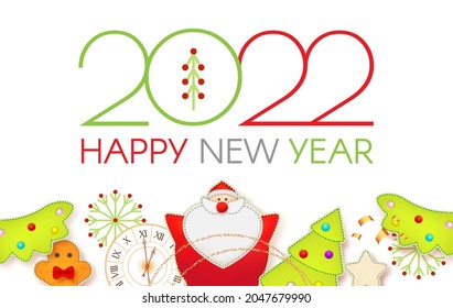 Happy 2022 New Year! Christmas cute design template with Santa Claus, fir tree, clock, gingerbread man, garland and toys