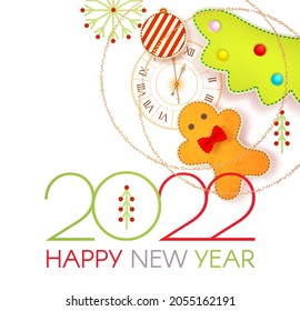 Happy 2022 New Year! Christmas cute design template with Santa Claus, fir tree, clock, gingerbread man, garland and toys