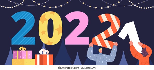 Happy 2022 new year. Decoration to holiday, people prepare to seasonal party. Winter invite or card, woman man with numbers utter vector banner