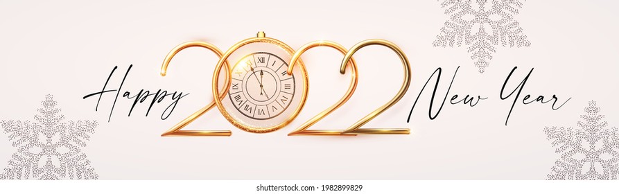 Happy 2022 New Year! Elegant Christmas congratulation with 3D realistic gold metal text.