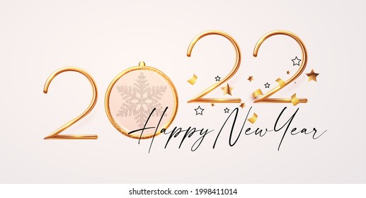 ¡Feliz Año Nuevo 2022! Elegante felicitación navideña con un texto realista de metal dorado en 3D.