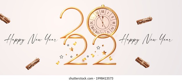 Happy 2022 New Year! Elegant Christmas congratulation with 3D realistic gold metal text.