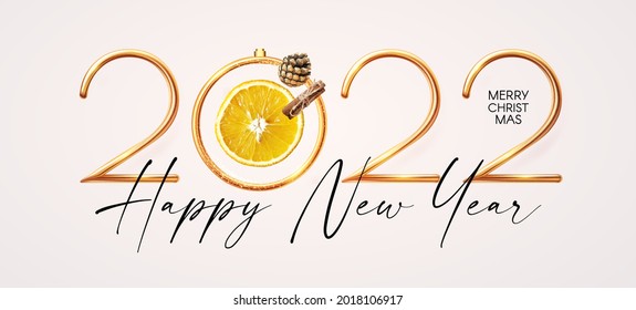 Happy 2022 New Year! Elegant Christmas congratulation with 3D realistic gold metal text.