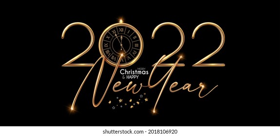Happy 2022 New Year! Elegant Christmas congratulation with 3D realistic gold metal text.