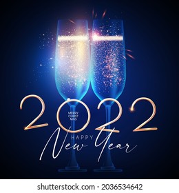 Happy 2022 New Year Elegant Christmas Congratulation With 3D Realistic Gold Metal Text And Champagne Glasses