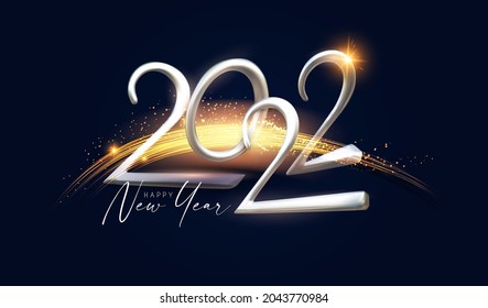 Happy 2022 New Year Elegant Christmas congratulation with 3D realistic metal text and light effect.