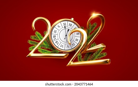 Happy 2022 New Year Elegant Christmas congratulation with 3D realistic gold metal text and fir tree branches.