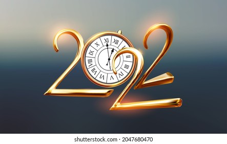 Happy 2022 New Year Elegant Christmas congratulation with 3D realistic gold metal text on blur background.