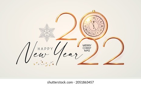 Happy 2022 New Year Elegant Christmas congratulation with 3D realistic gold metal text.