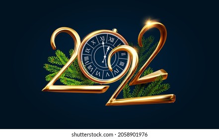 Happy 2022 New Year Elegant Christmas congratulation with 3D realistic gold metal text and fir tree branches.