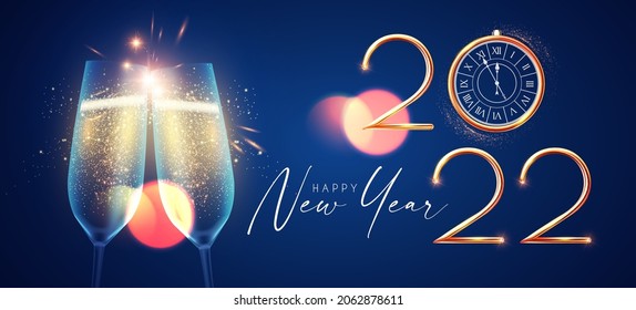 Happy 2022 New Year Elegant Christmas congratulation with 3D realistic gold metal text and champagne glasses