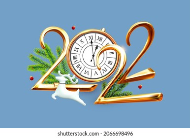 Happy 2022 New Year Elegant Christmas congratulation with 3D realistic gold metal text, jumping deer and fir tree branches.