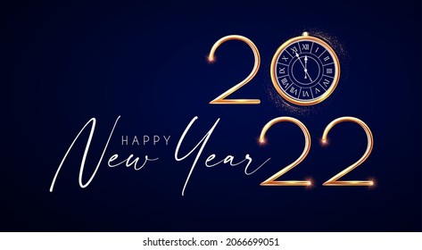 Happy 2022 New Year Elegant Christmas congratulation with 3D realistic gold metal text