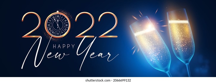 Happy 2022 New Year Elegant Christmas Congratulation With 3D Realistic Gold Metal Text And Champagne Glasses