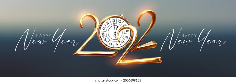 Happy 2022 New Year Elegant Christmas congratulation with 3D realistic gold metal text on blur background.