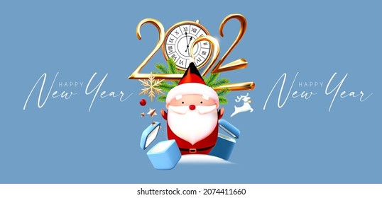 Happy 2022 New Year elegant Christmas congratulation with 3D realistic gold metal text, Santa Claus, deer and gift boxes