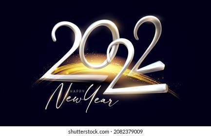 Happy 2022 New Year Elegant Christmas congratulation with 3D realistic metal text and light effect.