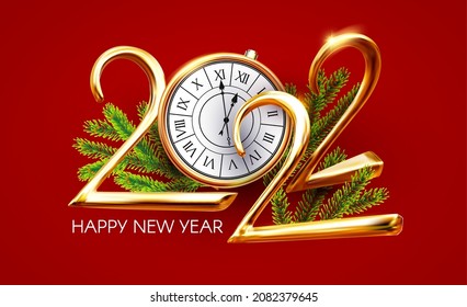 Happy 2022 New Year Elegant Christmas congratulation with 3D realistic gold metal text and fir tree branches.