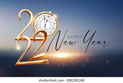 Happy 2022 New Year Elegant Christmas congratulation with 3D realistic gold metal text.
