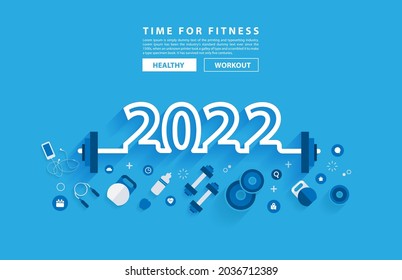 Happy 2022 new year fitness concept workout typography alphabet design with equipment. Vector illustration flat modern layout template