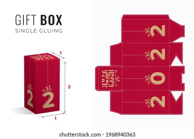 Happy 2022 New Year Gift Box Double Height Die Cut Template with 3D Preview - Blueprint Layout with Cutting and Scoring Lines over Gold Lettering on Red - Vector Packaging Graphic Design