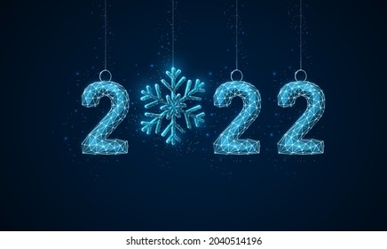 Happy 2022 New Year greeting card with Christmas toys Low poly style design Abstract geometric background. Wireframe light connection structure. Modern 3d graphic concept. Isolated vector illustration