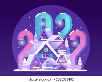 Happy 2022 New Year scene with winter village. Wintertime countryside landscape with cozy houses and numbers by falling snow. Christmas snow globe in gradient flat design.