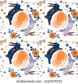 Happy 2023 Chinese New Year the year of the Rabbit. Holiday cute seamless pattern with bunny character and flowers. Couple of Blue rabbits.