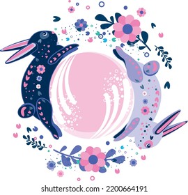 Happy 2023 Chinese New Year the year of the Rabbit. Holiday cute vector illustration with bunny character and flowers. Couple of Blue rabbits.