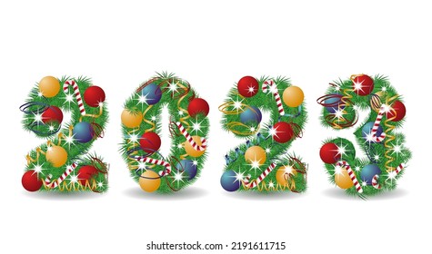 Happy 2023 New year banner with xmas balls, vector illustration	