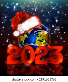 Happy 2023 New year card with globe, vector illustration	