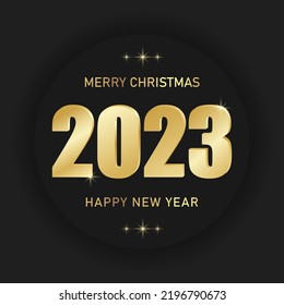 Happy 2023 New Year. Christmas congratulation with 3D realistic gold metal text on a black background. Vector