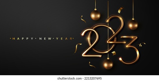 Happy 2023 New Year. Christmas congratulation with 3D realistic gold metal text