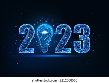 Happy 2023 New Year digital web banner template with futuristic polygonal 2023 number and light bulb