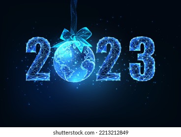 Happy 2023 New Year digital web banner template with futuristic glowing numbers and Earth globe hanging on a ribbon bow on dark blue background. Modern abstract design vector illustration