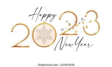 Happy 2023 New Year Elegant Christmas congratulation with 3D realistic gold metal text.
