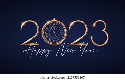 Happy 2023 New Year Elegant Christmas congratulation with 3D realistic gold metal text.