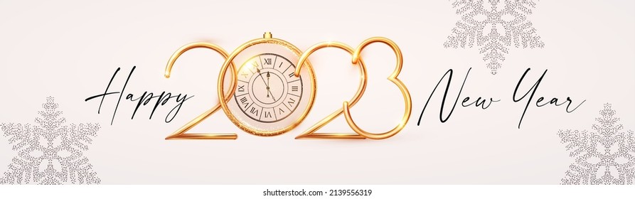 Happy 2023 New Year Elegant Christmas congratulation with 3D realistic gold metal text.