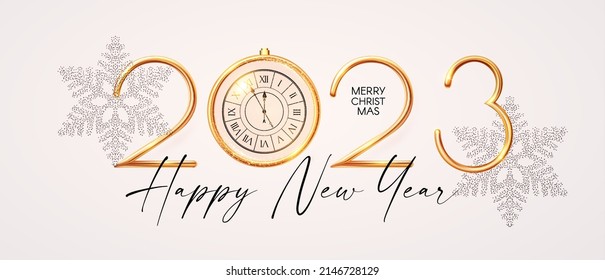 Happy 2023 New Year Elegant Christmas congratulation with 3D realistic gold metal text.