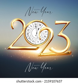 Happy 2023 New Year Elegant Christmas congratulation with 3D realistic gold metal text and sot light effect.