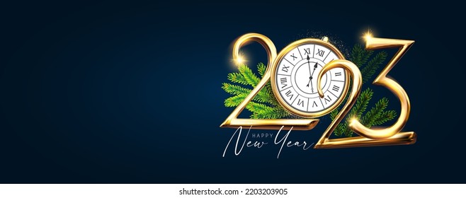 Happy 2023 New Year Elegant Christmas congratulation with 3D realistic gold metal text and fir tree branches.